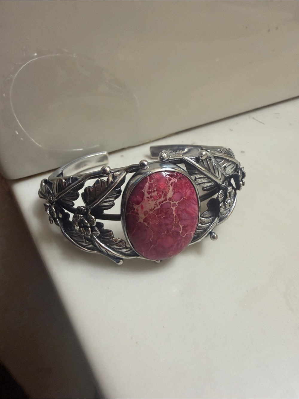 Silver tone Floral Cuff Bracelet with Pink Stone Costume Jewelry